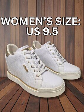 Guess Shoes "Flowurs" Women's White Gold Embossed Platform Wedge Heel Sneakers
